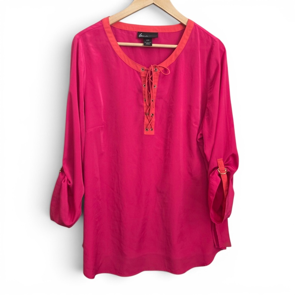 Lane Bryant Top Womens Plus 18/20 Pink Orange Semi Sheer Lace Up Blouse Casual